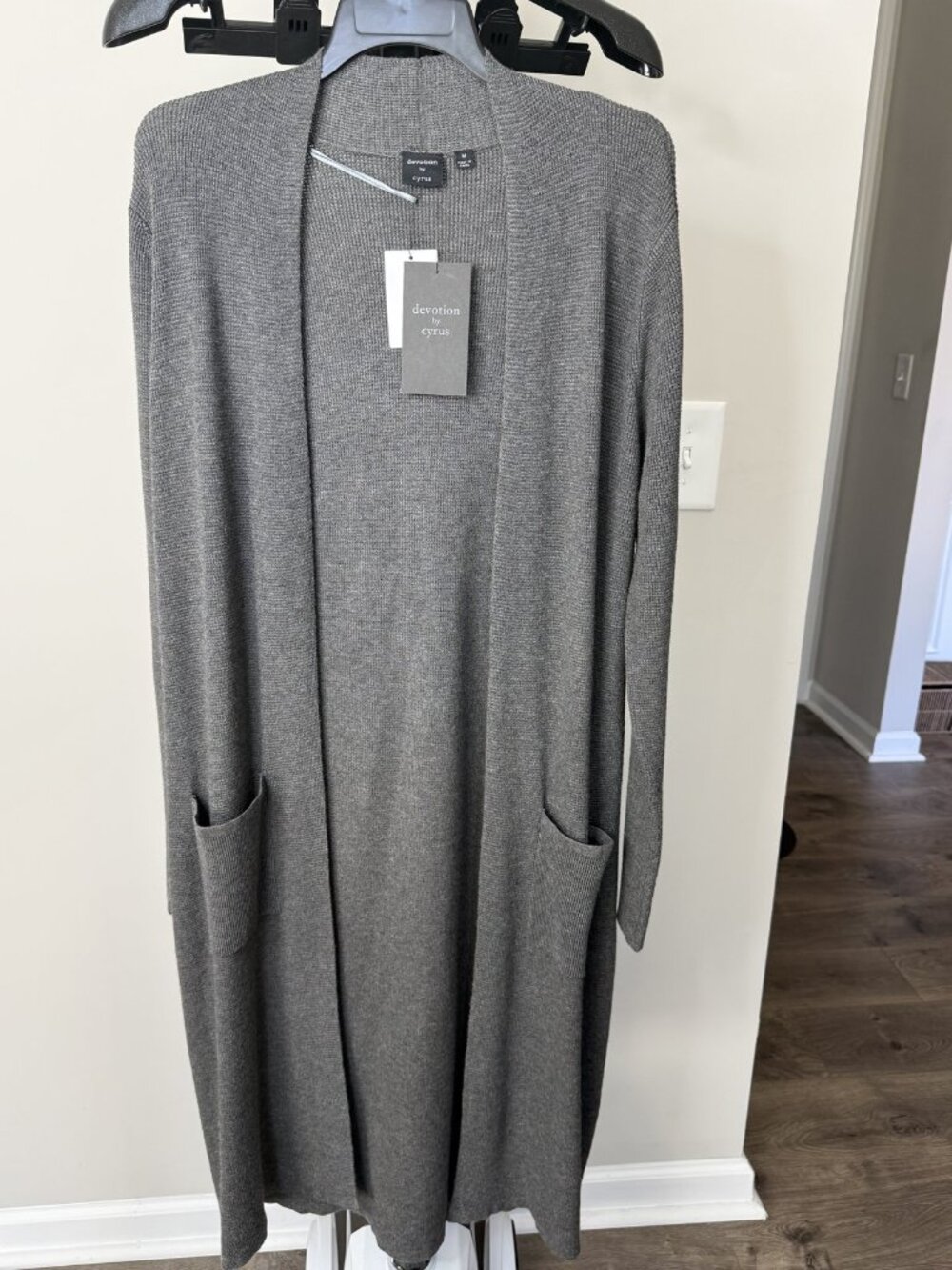 NWT Devotion by Cyrus Grey Waffle Knit Long Duster Cardigan Open Front Pockets M